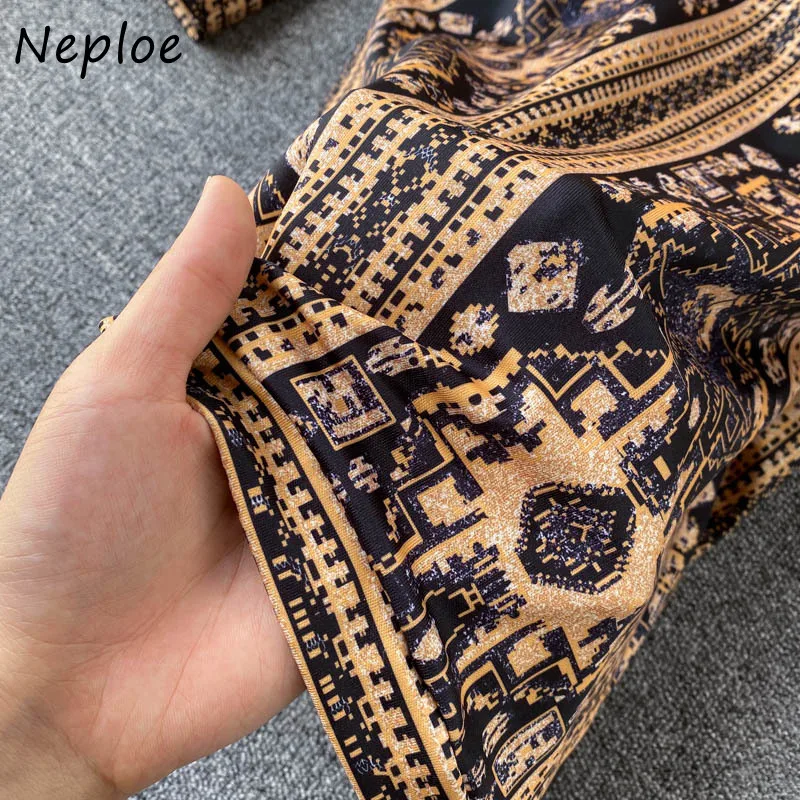 

Neploe Chic Pattern Print Bodycon Slim Waist Vestidos Women Autumn O-neck Lantern Sleeve Dresses Retro Palace Style Dress