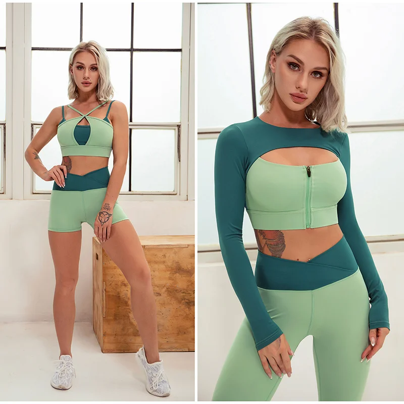 

Бесшовные спортивные комплекты, спортивная одежда для женщин, комплект для йоги, спортивный костюм, Топ с длинным рукавом, бюстгальтер, легг...