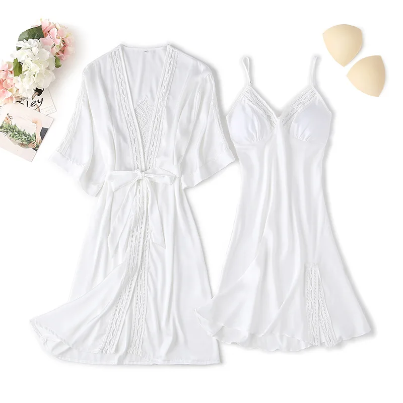 

Bridal Wedding Kimono Robe Gown Satin Summer New Nightwear Intimate Lingerie Lady Sexy Hollow Out 2PCS Bathrobe Set Sleepwear
