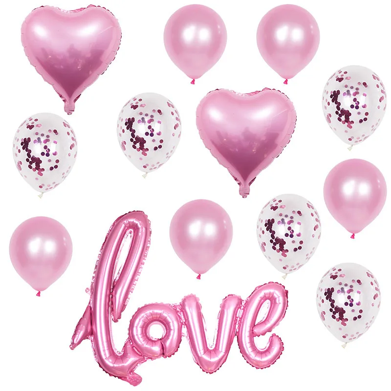 

15pcs Valentines day Wedding Party Decor Love Shape Foil Balloons Sequined Latex Pink balloon Wedding Anniversary globals Set