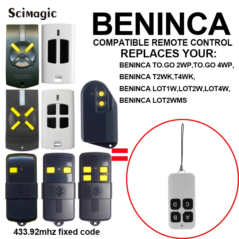 

Compatible fixed code BENINCA TO.GO 2WP/TO.GO 4WP/T2WK 433mhz garage remote control door opener garage command remote 433MHz