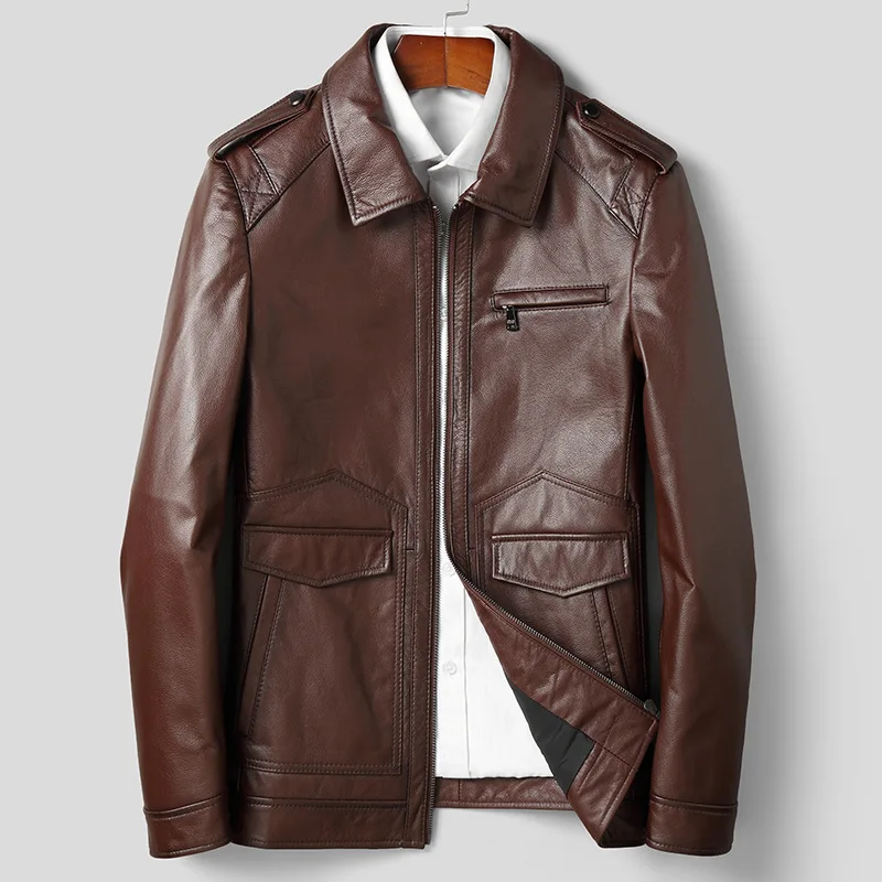

Мужская кожаная демисезонная куртка из натуральной кожи с эполетами на молнии