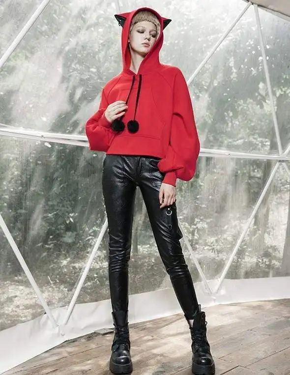 Панк рейв женские готические кошачьи уши помпоны с пышными рукавами толстовки