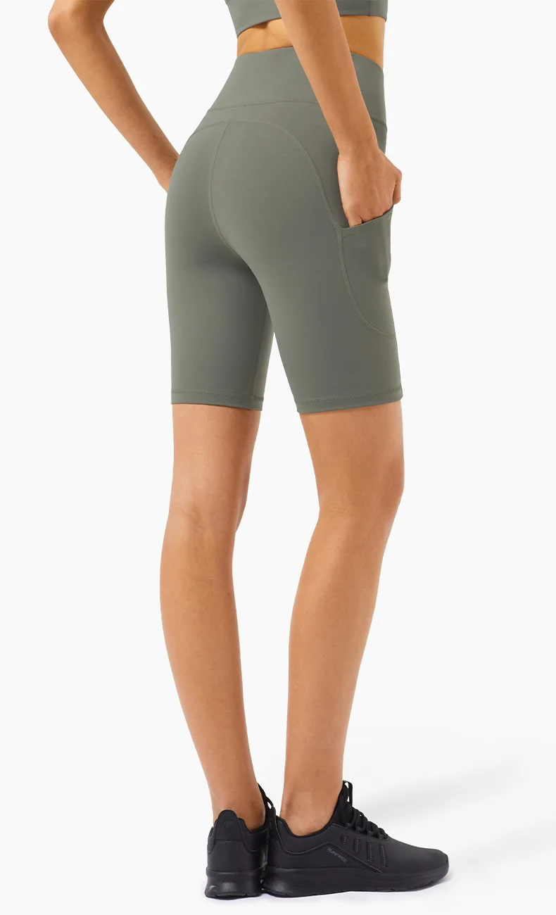 

2021 New High-strength Nude Sports Fitness Pants Female High-waisted Peach Hip Yoga Pants Pocket Five-point Shorts