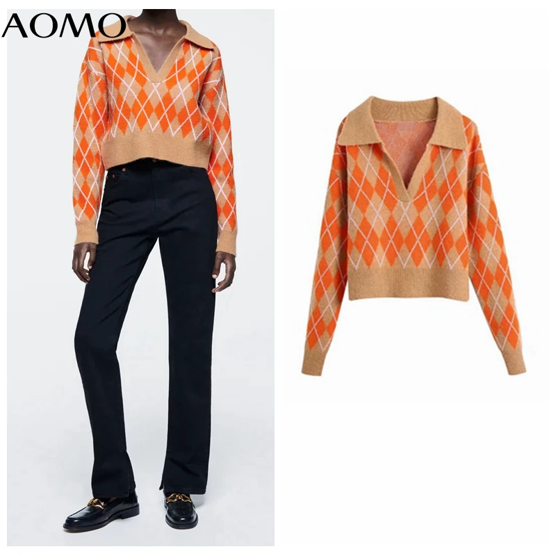 

AOMO Women Fashion Vintage Diamond Crop Knit Sweater Vintage Long Sleeve Female Pullovers Chic Tops BE163A