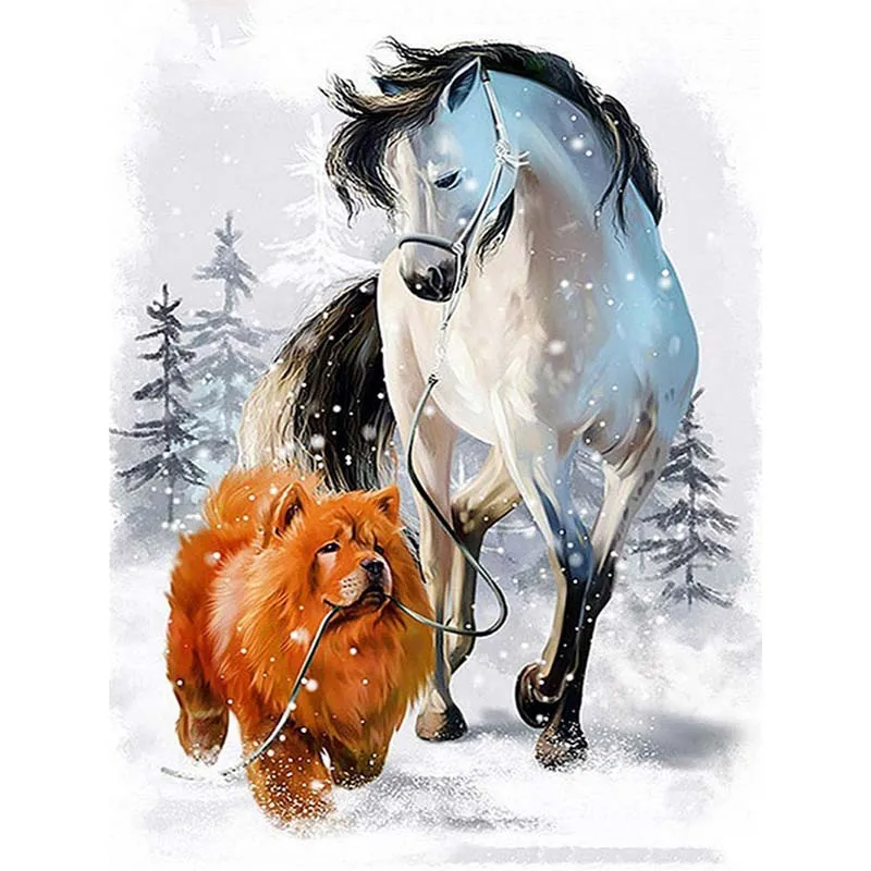 

Алмазная 5D картина «сделай сам», квадратная круглая мозаика с изображением собаки, лошади, 3d вышивка крестиком, Зимний снег, домашний декор, ...