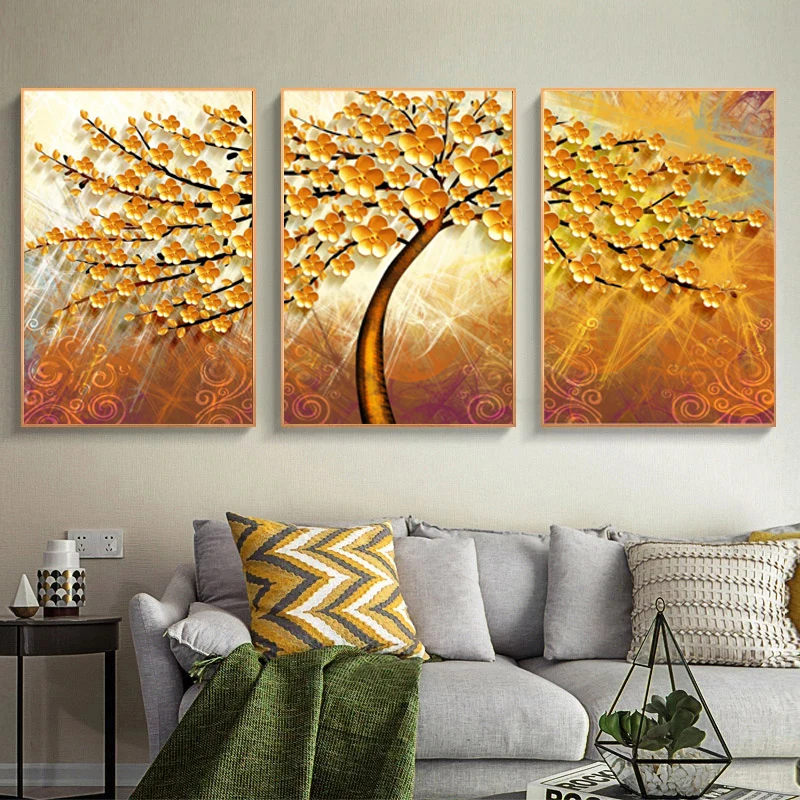 

3Panels Golden Plum Blossom Tree Oil Painting on Canvas Wall Art Posters Prints Wall Pictures for Living Room Home Cuadros Decor