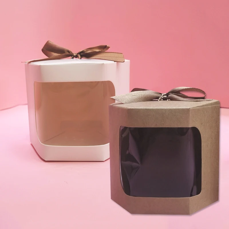 

1PC Gift Packaging Boxes Cake Paper Boxes Clear Window with Ribbon Kraft Wedding Birthday Party Dessert Candy Biscuits Bag Decor