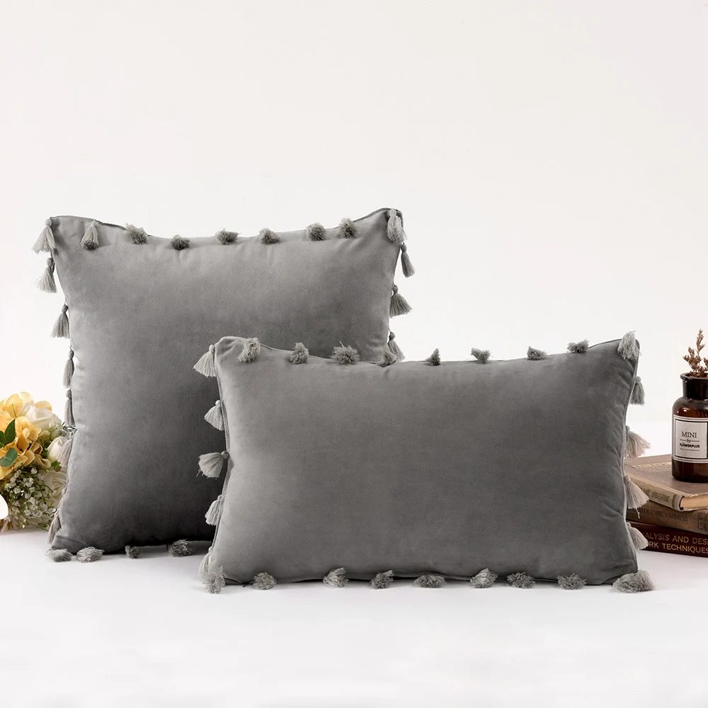 Роскошная Современная бархатная наволочка с кисточками наволочки синие серые