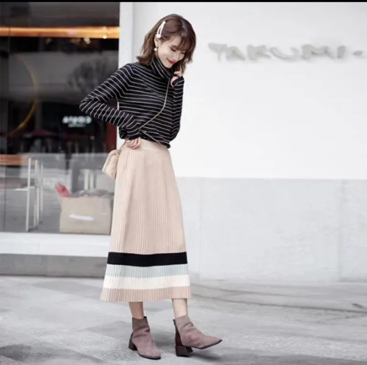 Женские плиссированные юбки в полоску осенне-зимние длинные с прострочкой