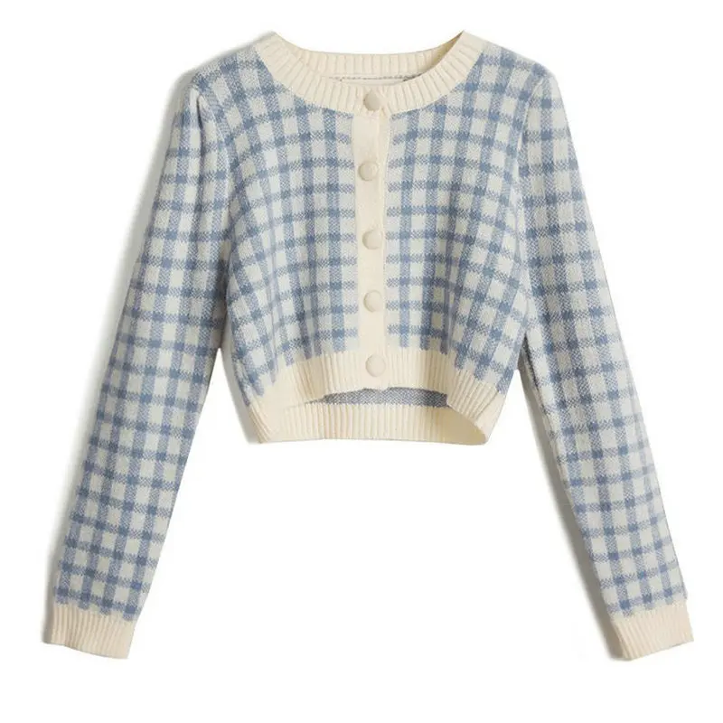 

Knitted Cardigan Ladies Plaid Cropped Women Sweater Single Breasted Long Sleeve Outerwear Korean Autumn Clothes
