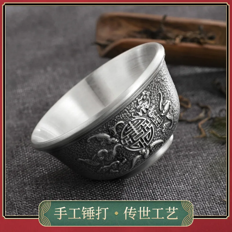 Taza de t&eacute; de plata 999 pura, juego de t&eacute; de plata de personaje Fu, taza de agua de plata, taza de degustaci&oacute;n pr&aacute;ctica, taza de Kung Fu-3