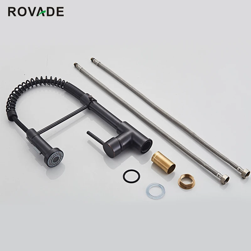 rovode kitchen faucets solid brass single handle single lever pull down sprayer spring kitchen sink faucet matte black 8032 free global shipping