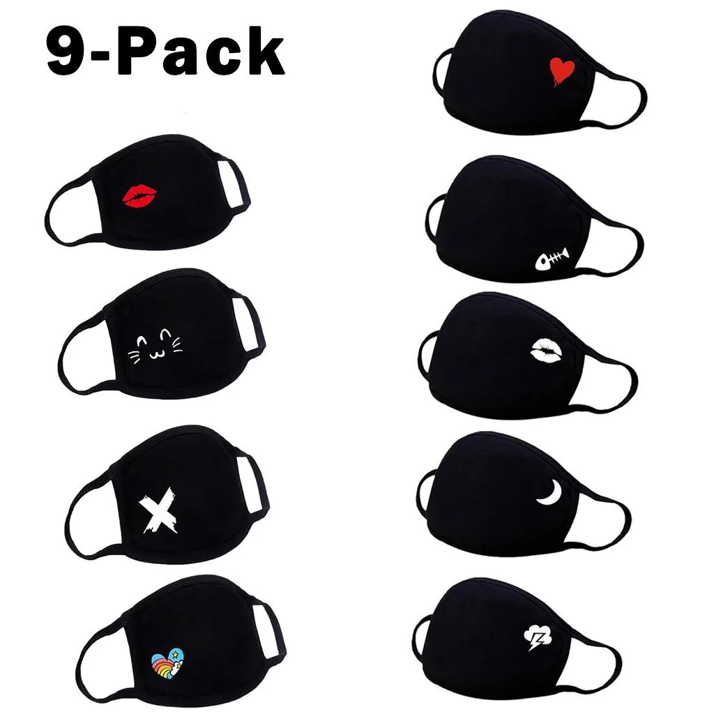 

9pcs Washable Face Mask Adult Unisex Fashion Print Lovely Anti-dust Reusable Cotton Mouth Face Masks Mouth Cover Fast Shipping
