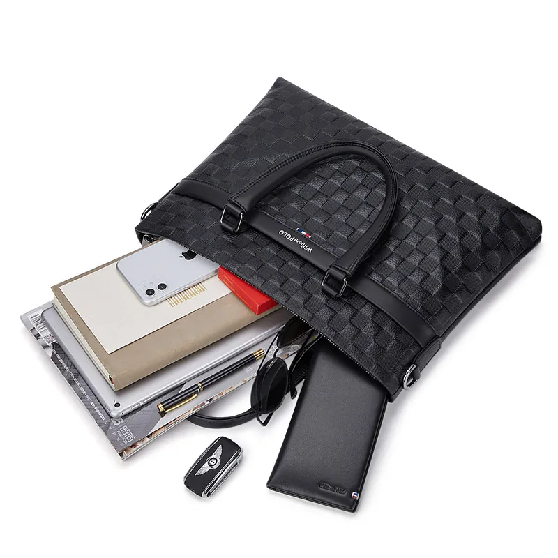WILLIAMPOLO New briefcase men's handbags fashion plaid business casual removable strap shoulder bag computer bag