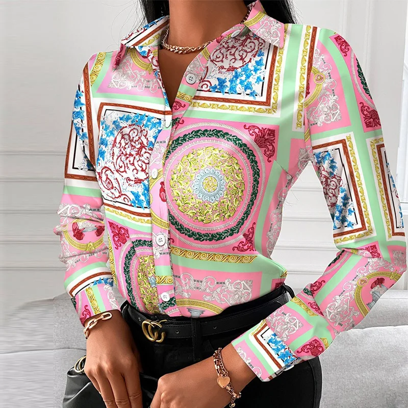 

2021 Autumn Ladies Fashion Lapel Top Women's Casual Button Shirt Elegant Office Ladies Retro Chain Leopard Top Blusas