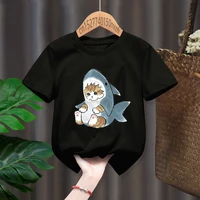 cat shark funny cute print casual print funny boy girl t shirts kid children manga gift present black harajuku clothe
