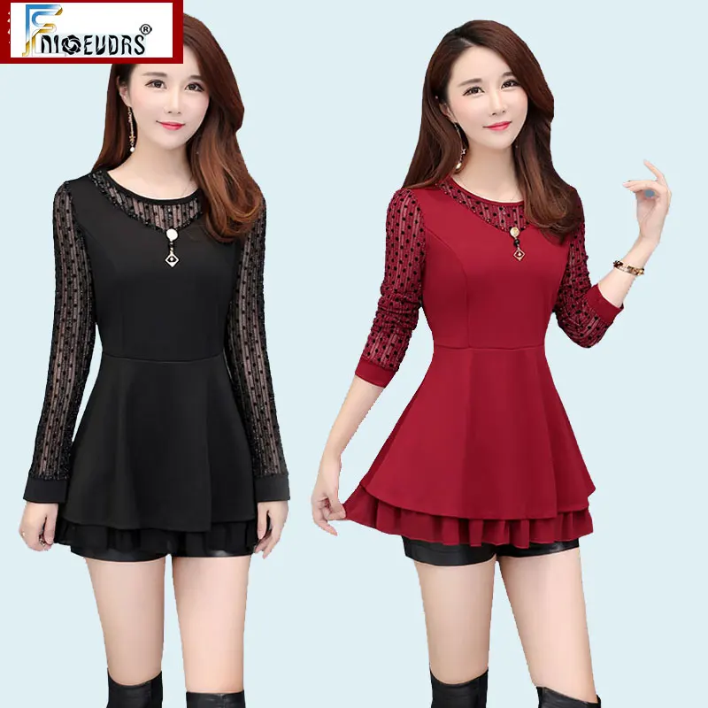 

2020 Tunic Tops Hot Sales Women Long Sleeve Fnioevdrs Elegant Office Lady Patchwork Sheer Belly Design Peplum Top Blouse A018