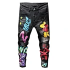 Джинсы мужские рваные Стрейчевые с принтом, черные облегающие джинсы, модная уличная одежда Y2K, зауженные брюки-карандаш с надписью, причудливых цветов