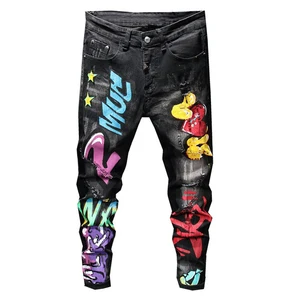 Джинсы мужские рваные Стрейчевые с принтом, черные облегающие джинсы, модная уличная одежда Y2K, зауженные брюки-карандаш с надписью, причудливых цветов