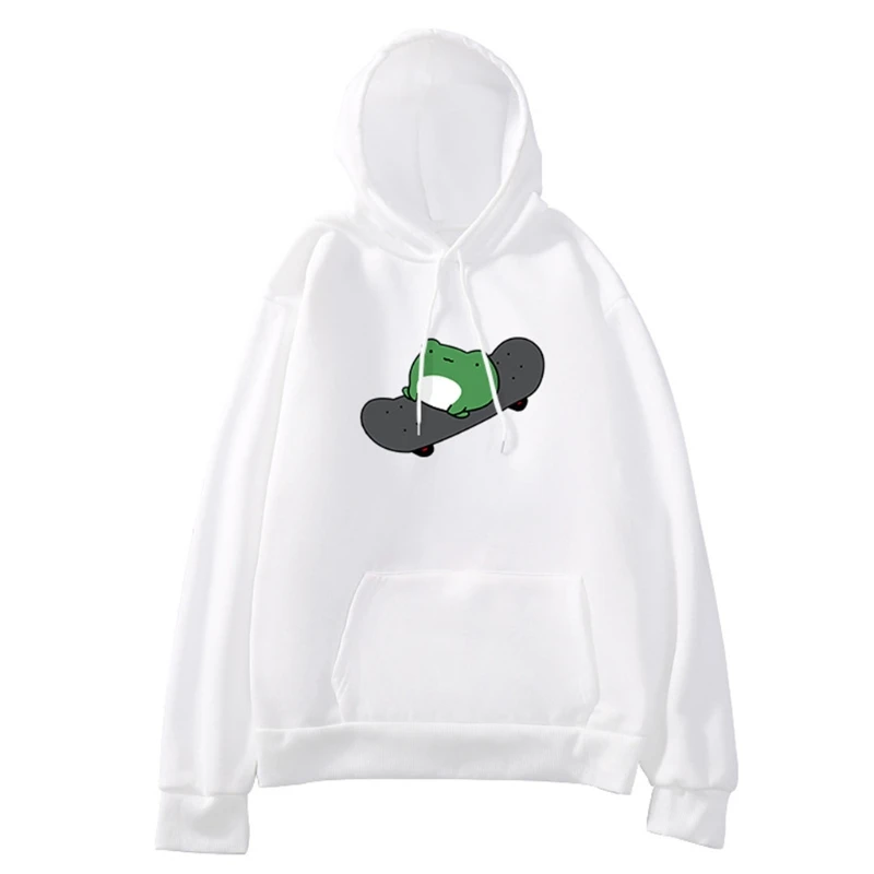Women Girls Long Sleeve Drawstring Hoodies Cartoon Skateboarding Frog Print Sweatshirt Oversized Harajuku Pullover Tops