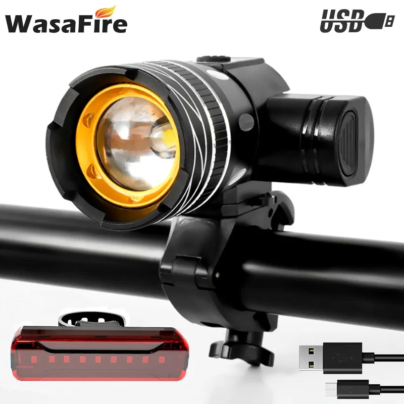 Передний и задний фонарь для велосипеда с зарядкой через USB, T6, светодиодный головной фонарь для велосипеда, масштабируемый Головной фонарь,...