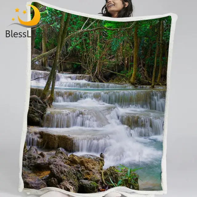 BlessLiving Waterfall Sherpa Blanket Beautiful Landscape Plush Bedspread 3D Printed Blankets For Bed Thailand Scenery Cobertor 1