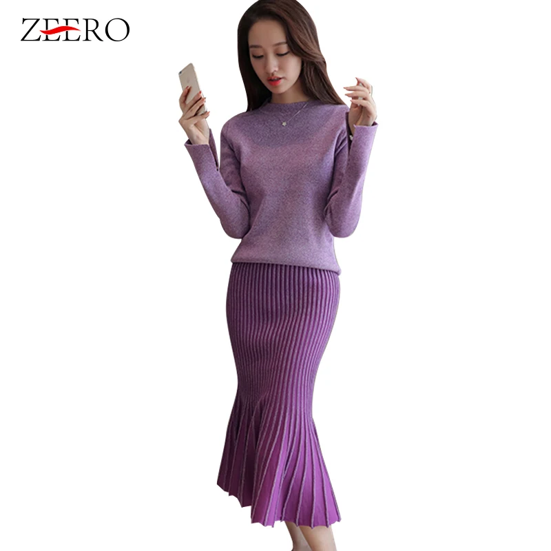 

2023 Korean Two Piece Set Women High Quality Winter Runway Long-sleeve Knitting Tops +Gradient Color Mermaid 2pcs Skirt Sets