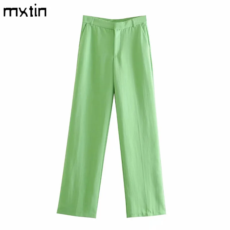 

Женские прямые брюки MXTIN, зеленые винтажные офисные брюки с высокой талией и боковыми карманами, весна 2021