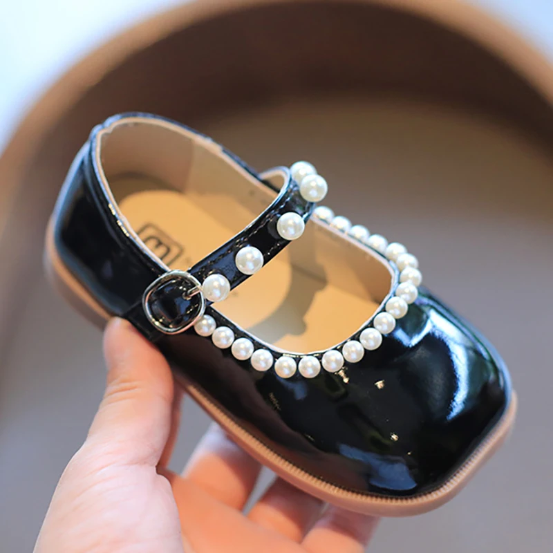 

Children Leather Shoes Toddler Baby Kids Square Head Korean Pearls Girls Mary Janes Dress Shoes chaussure fille First Walker New