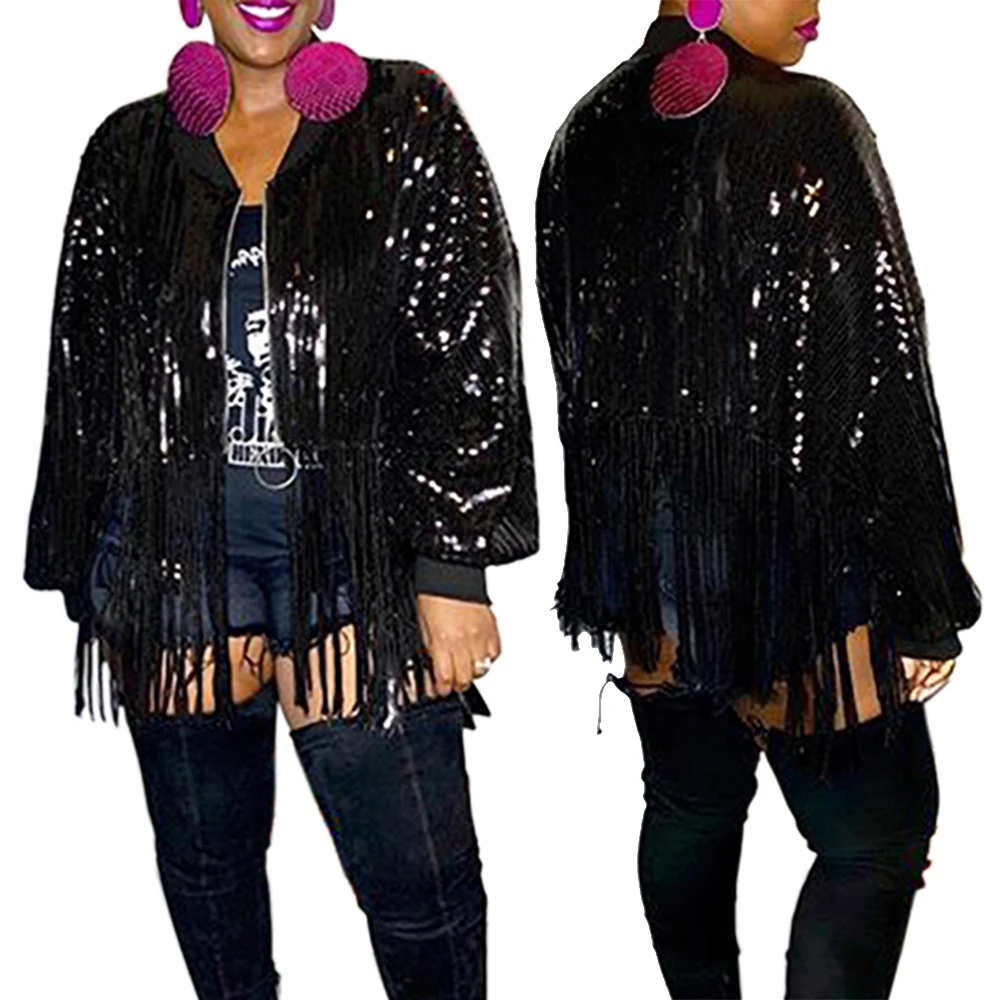 

Women Sequined Solid Tassel Jackets Short Coat Spring Autumn Long Sleeves Beaded Plain Tassel Jacket