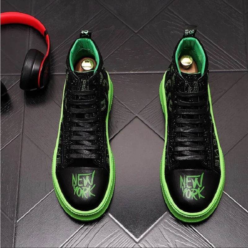 New Green Yellow Designer Men's high quality Studded Rivet Spike rhinestone Casual Shoes British Man Trending Leisure Male | Обувь