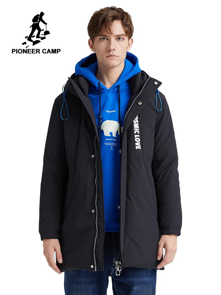 Мужская длинная куртка пуховик Pioneer Camp черная повседневная цвета хаки с