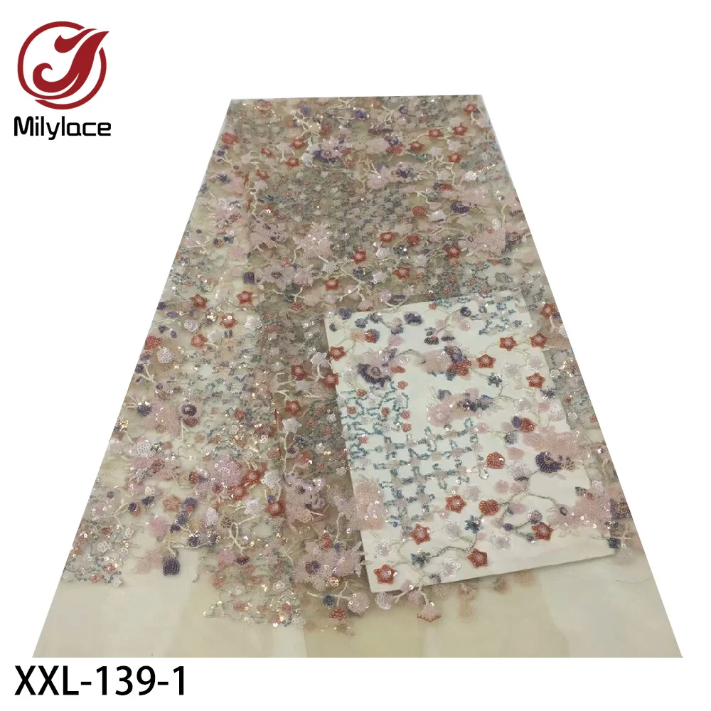 

African Lace Fabric 2020 High Quality French Lace Fabric Sequins Embroidery Tulle Lace for Wedding 5Yards XXL-139