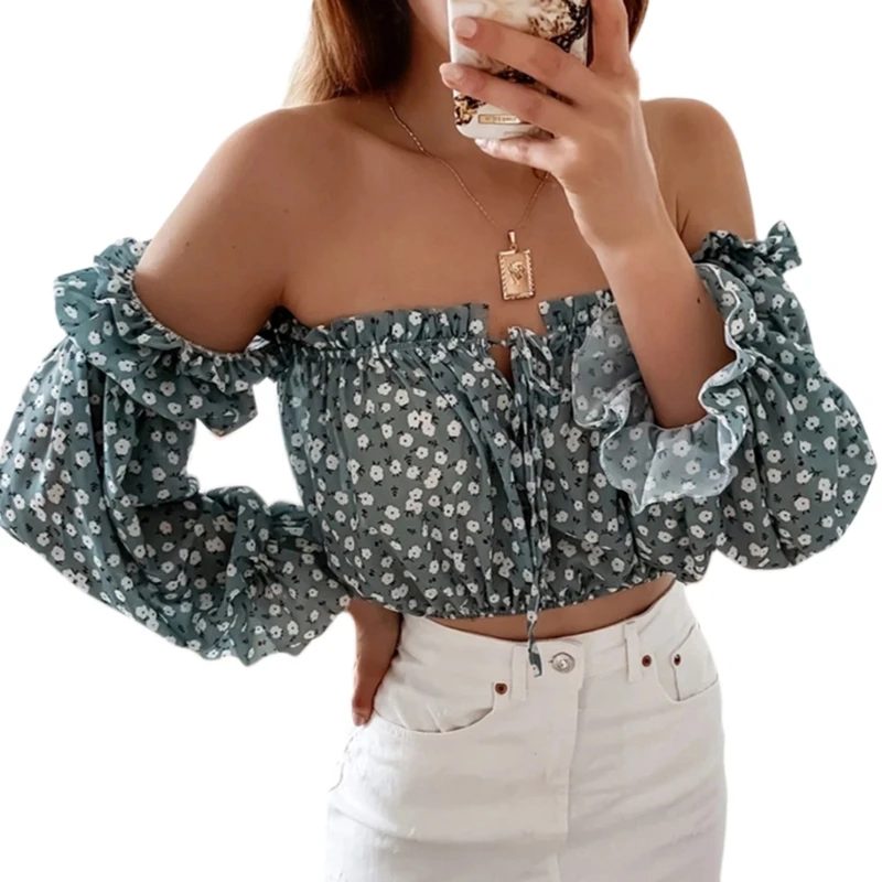 

Women Puff Long Sleeve Floral T-Shirt Sexy Off Shoulder Tie Neck Ruffle Crop Top X3UE