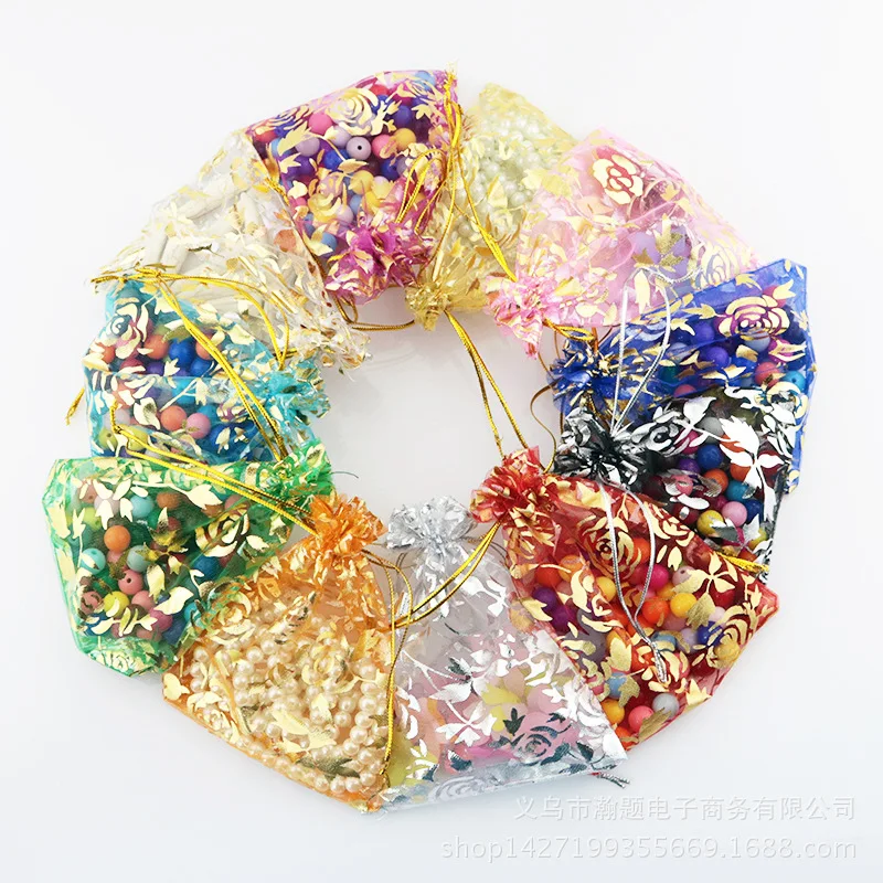 

100pcs/lot Bronzing Roses Organza Drawstring Bags Jewelry Gift packing Bag 7x9 9x12 11x16 13x18 cm Wedding candy Packaging Bags