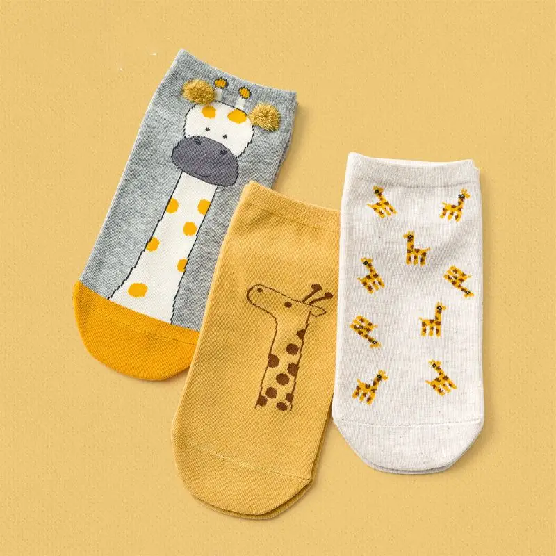 

3 Pair Women Low Cut Cotton Boat Socks Cartoon Deer Giraffe Animal Short Hosiery