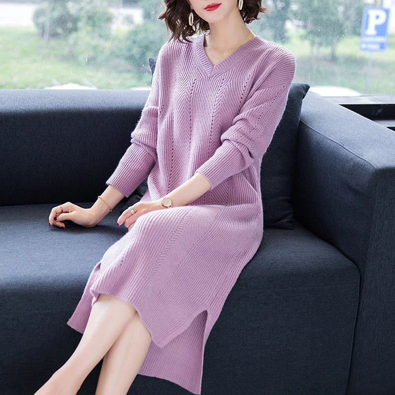 

New Arrival Women Long Sweater Autumn Winter Female Side Split Sweater Dress Pullovers