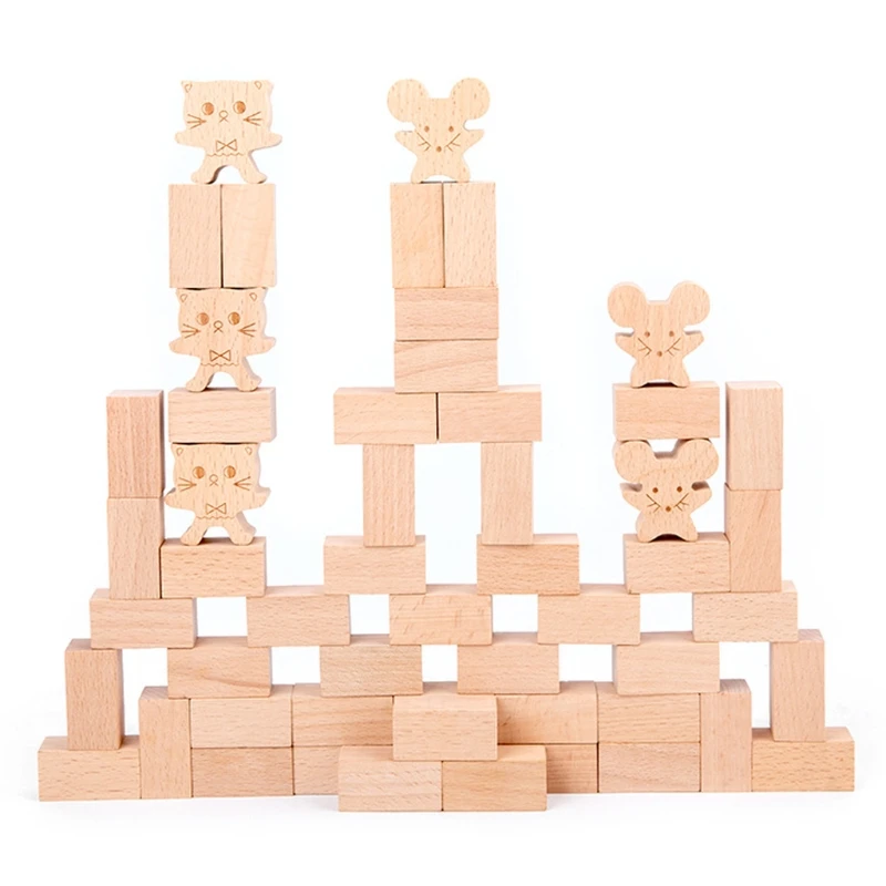 

Wooden Cat Mouse Game Toy Sensory Stacking Block Tower Balance for Kids Adults