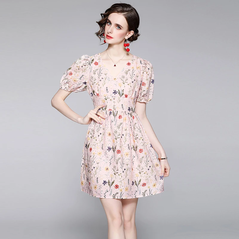 

Summer Designer Elegant Women Print Floral V Neck Sexy Cocktail Party Robe High Quality Female Vintage Mini Dress Vestidos