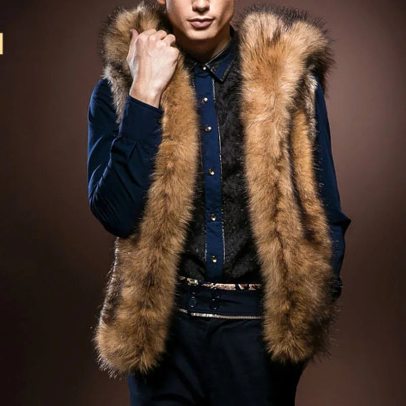 

2019 Winter Faux Fur Men's Vest Hooded Plush Vest Jacket Plush Knee Shoulder Men's Fur coat HN140