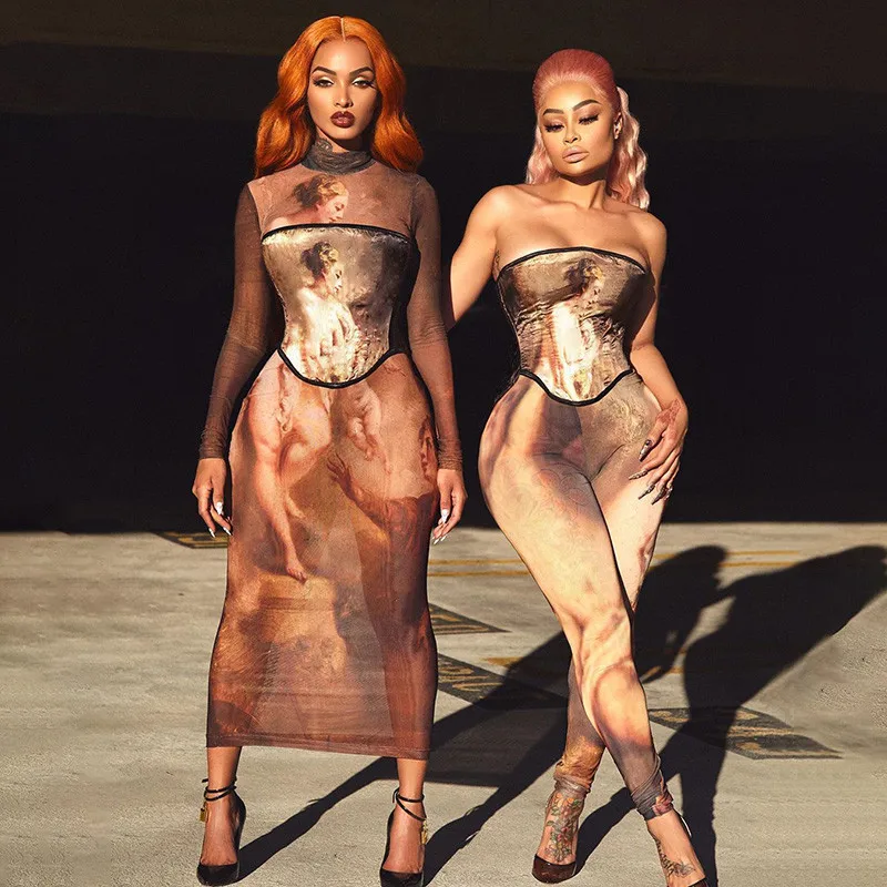 

Эстетику печати сетчатый корсет Топы + Bodycon Макси платья 2 шт., комплекты с длинным рукавом, Для женщин сексуальная прозрачная Клубные вечерн...
