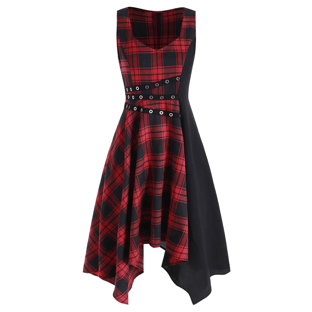 S 2XL готическое женское платье на бретелях милое асимметричное клетчатое с