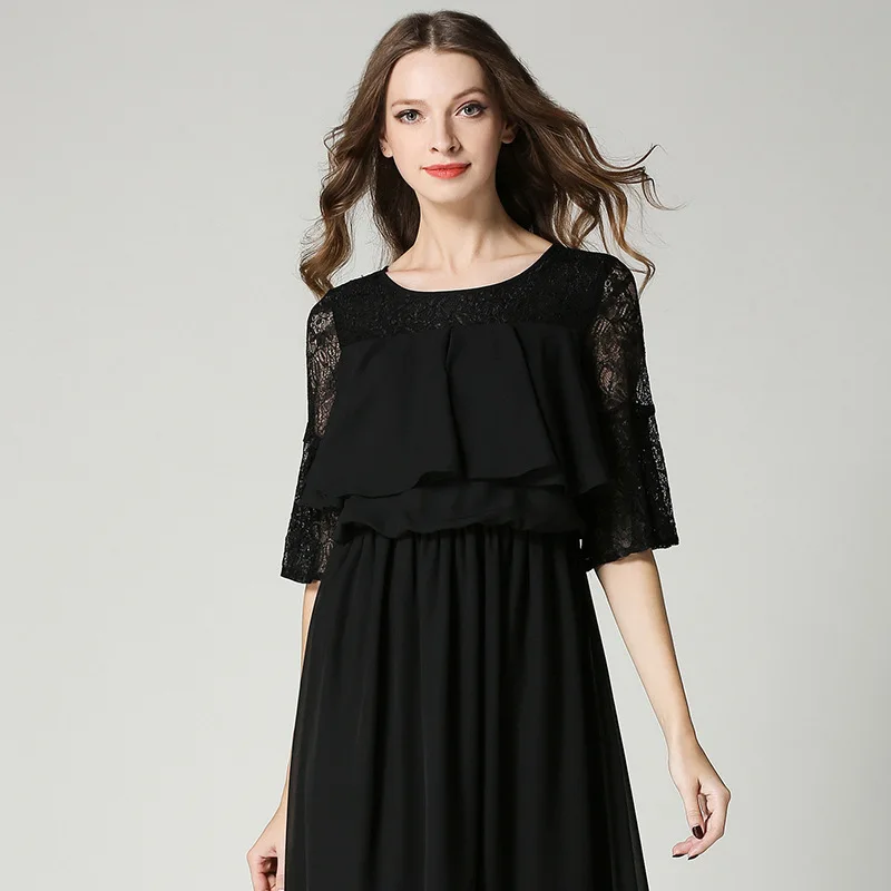

Japanese New Spring Summer Women's Lace Patchwork Half Sleeves Dress Classic Elegant Black Long Dress Ladies Party Dress 2021