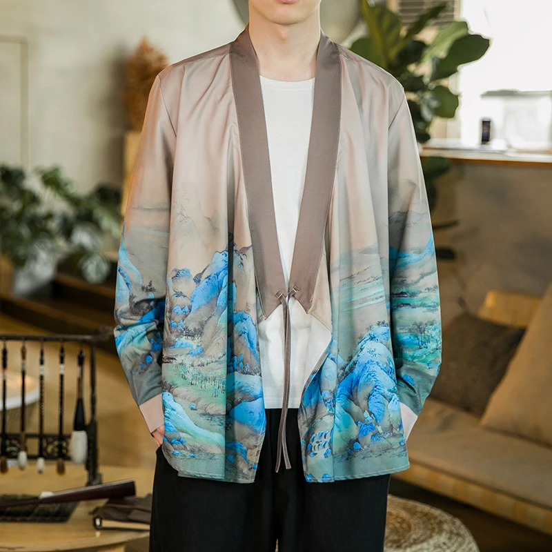 

M-5XL Plus Size Mens Kimono Painting Patchwork Cloak Open Front Cardigan Jackets Vintage Streetwear Collarless Shirts Men XXXXXL