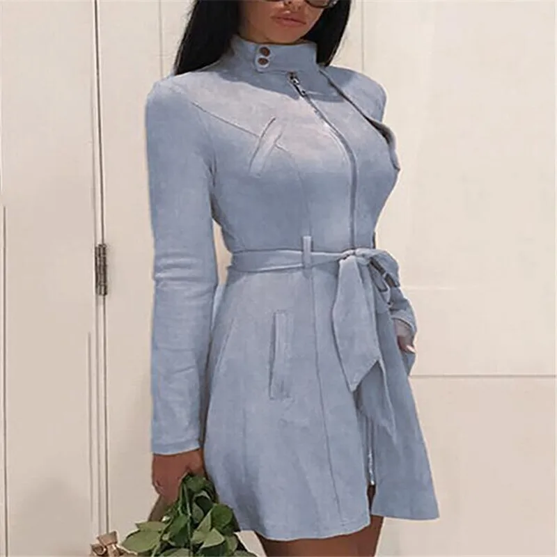 Тренч Женский однотонный бархатное пальто на молнии с завязкой спереди