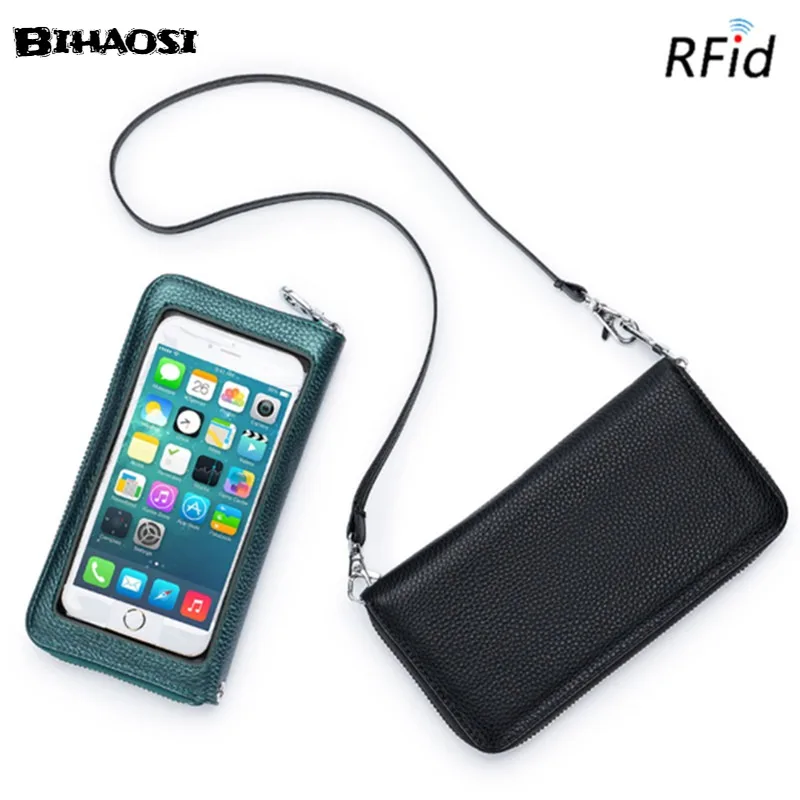 Women's Leather Bag Mobile Phone Bag Touch Screen Anti-theft Brush New Transparent Mobile Phone Mini Small Bag Long Wallet