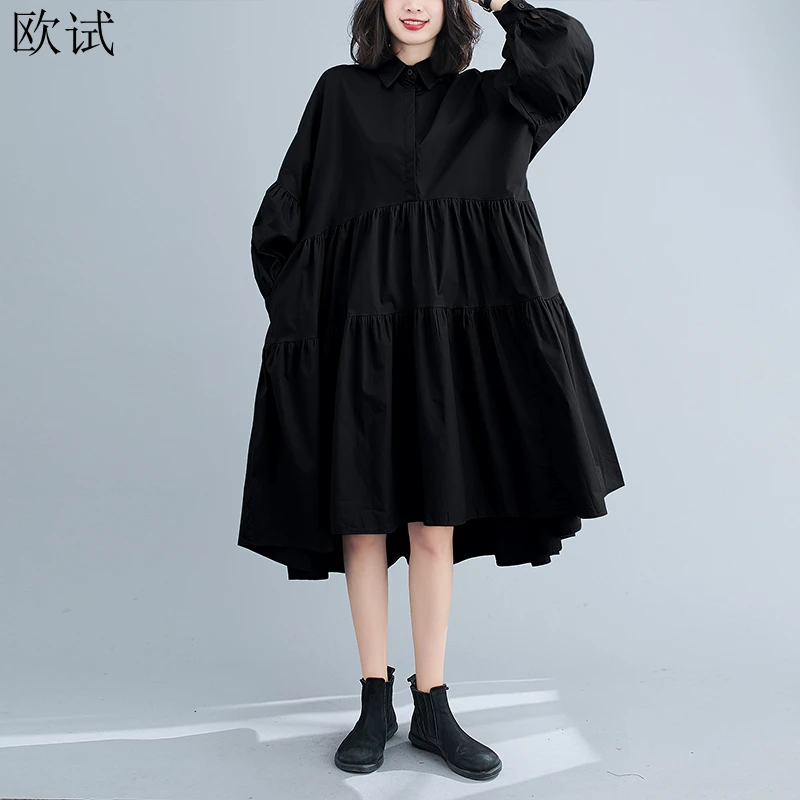 

Summer Spring Women Long Sleeve Pleated Shirt Dress Woman Korean Style Casual Long Dresses Ladies New Arrival Femme Dress 2021