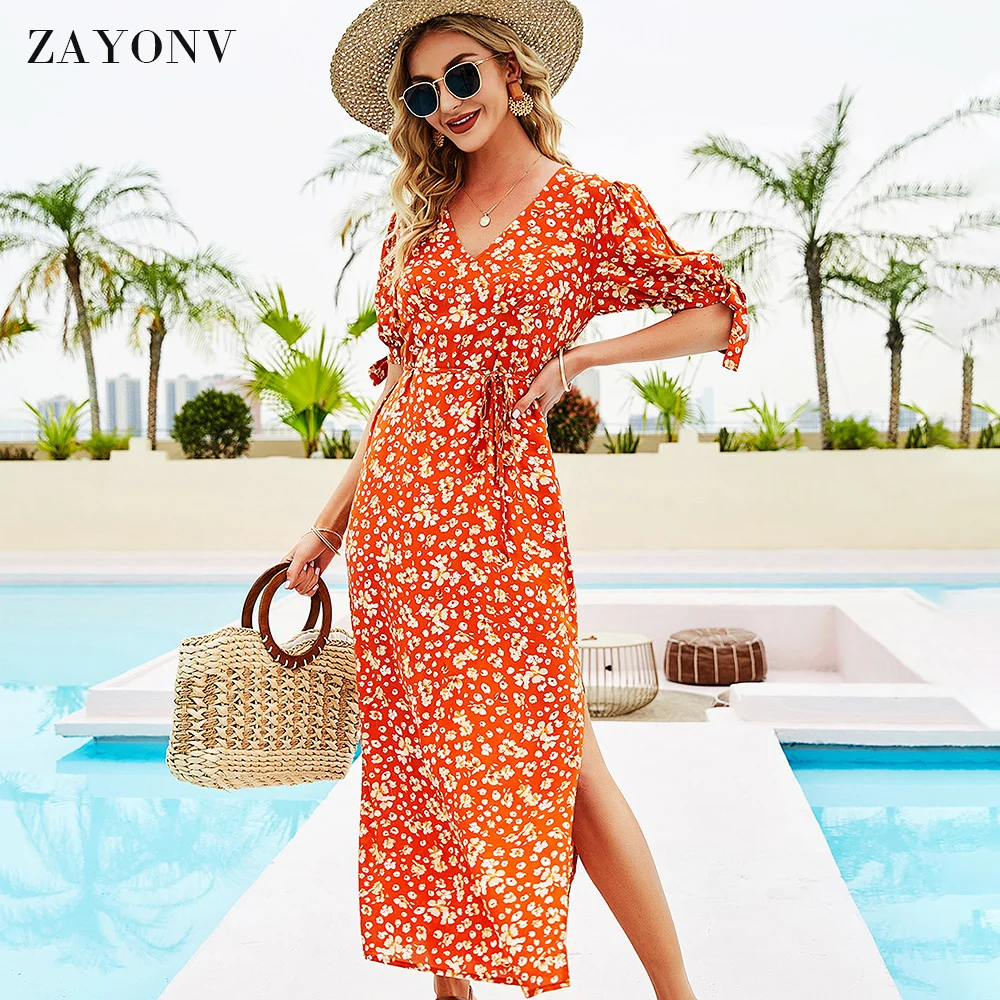 

Womens Summer Wrap Short Sleeve V Neck Floral Print Casual Bohemian Midi Dresses