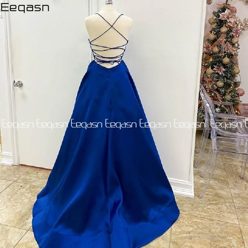 

2020 Royal Blue Satin Simple Prom Dresses Formal Evening Wear V-neck A-line Party Gowns robe de soiree Long Elegant